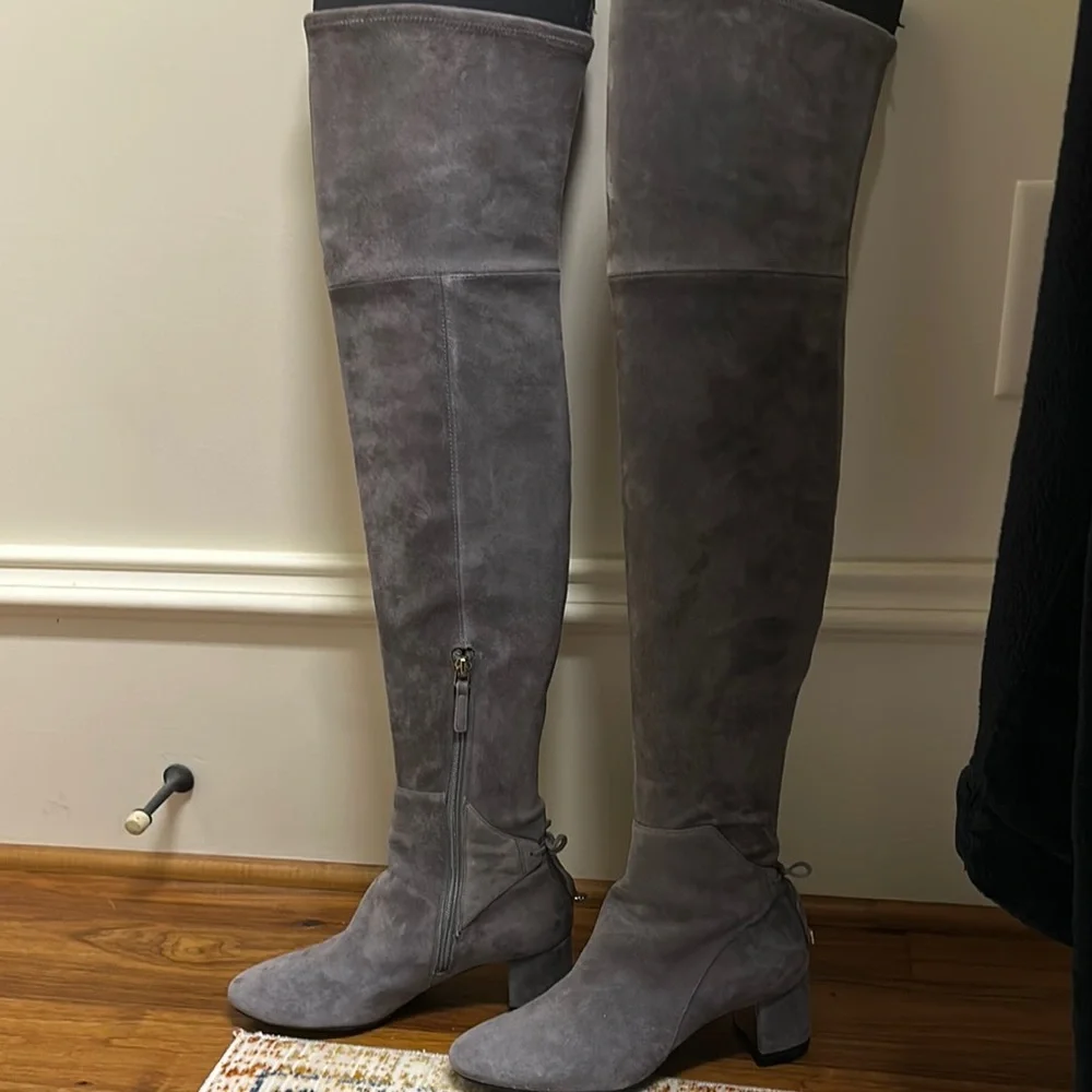 Tory Burch Gray Suede Over-the-Knee Block Heel Boots with Back Tie
